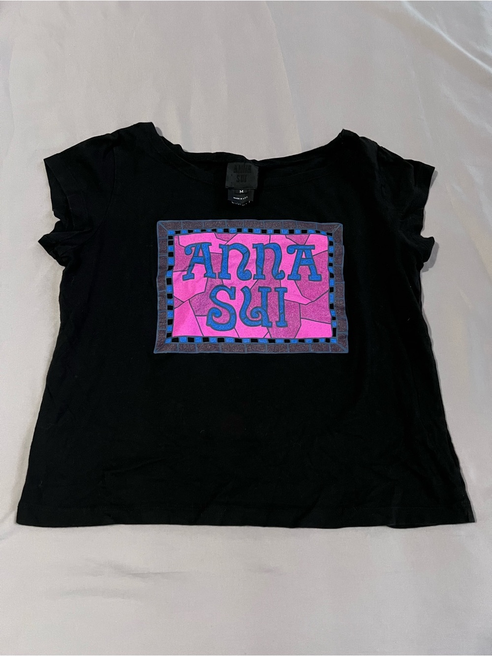 Anna Sui Black Tee with Pink & Blue Logo Panel